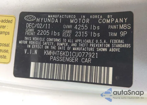 2012 Hyundai Genesis 2.0T Premium z USA, uszkodzony, nr VIN KMHHT6KD1CU077921
